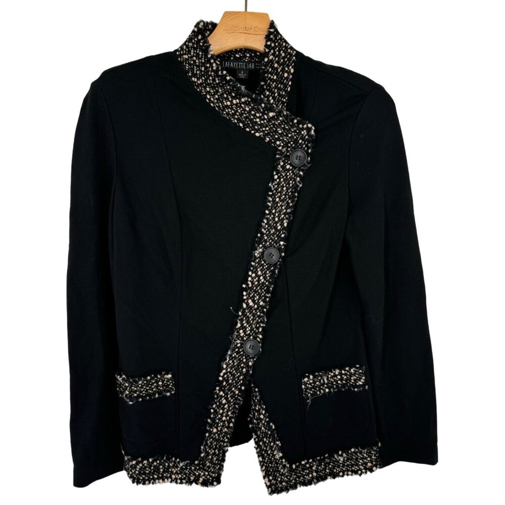Lafayette 148 New York Womens Blazer jacket ponte knit Size 4 Black Tweed trim